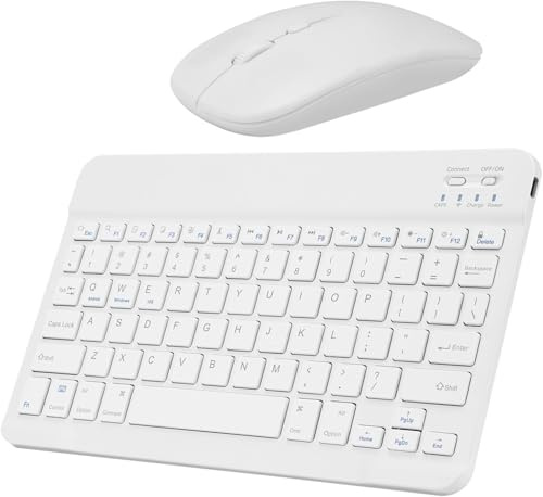 Clavier Souris sans Fil, Clavier Bluetooth Universel Portable Ultra - Mince Rechargeable, Clavier sans Fil, pour iOS iPad/Tablette/PC/iOS/Android/Windows/Samsung/Lenovo FR QWERTY（Blanc）