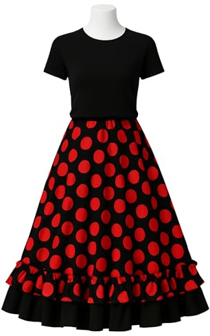 Gonna Flamenca Professionale a Pois e Fiori per Donna, Lunga 80 cm – Abito Tradizionale Andaluso da Ballo Sevillana, Gonna Nera con Volant e Cintura Rossa – Ideale per Fiere, Romerías e Spettacoli