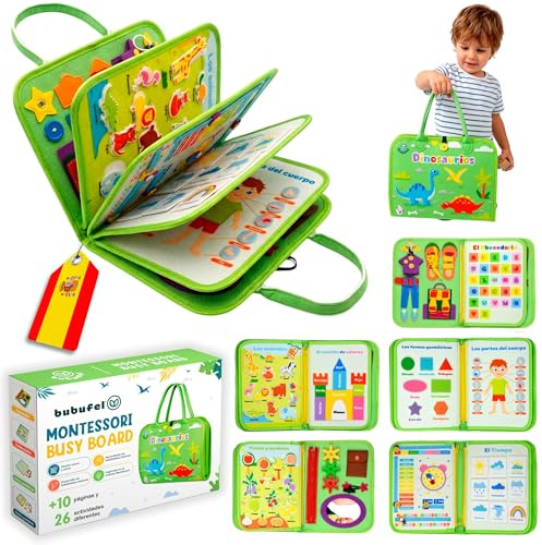 Bubufel Busy Board Montessori Español | Libro Sensorial Montessori 10 Capas +26 Actividades | Juguetes Educativos 2 3 4 Años | Motricidad Fina | Maletín Busy Book Fieltro | Regalo Niño Niña