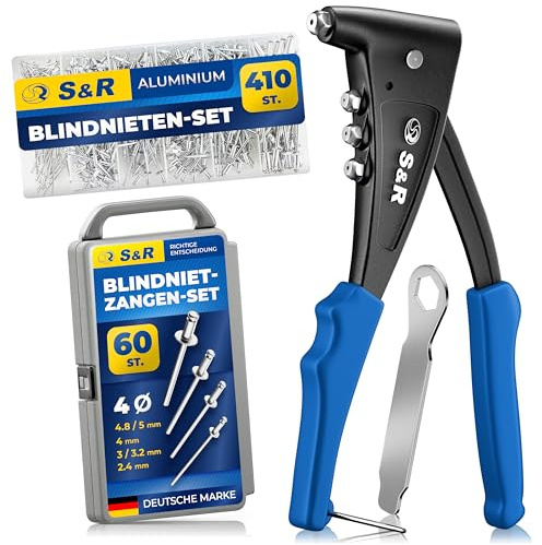 S&R Rivettatrice Manuale Professionale con 470 Rivetti. Pinza Professionale per Rivetti in Alluminio e Acciaio Inox per Fori Ciechi, Tenaglia per Rivetti a Strappo con 4 dadi, 1 Chiavetta, 1 Box.