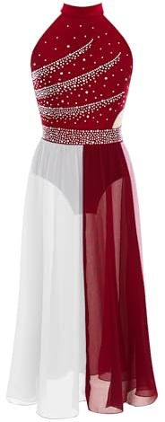 Aislor Asymétrique Robe De Patinage Artistique pour Filles Costume De Danse Lyrique Enfants Tenue De Ballet Danse Compétitions Rouge 7-8 Ans