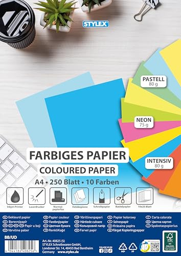 Stylex 40825 Färgat Papper, Flerfärgad, Paket med 250 ark