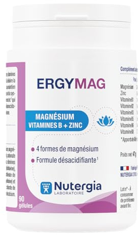Nutergia – Magnésium, vitamines B et Zinc – Fatigue physique – 4 Sels de magnésium – formule désacidifiante – Complément alimentaire – 90 Gélules – Fabrication Française