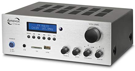 Dynavox Stereo Kompakt-Verstärker VT-80 MK, 4 schraubbare Lautsprecher-Anschlüsse, Fernbedienung für Digital-Eingänge (USB, SD-Card), integrierte BT-Antenne und FM-Radio, Silber