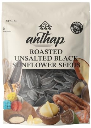 Anthap Roasted Unsalted Turkish Black Sunflower Seeds, No Salt, Non-GMO, Vegan, All Natural, Product of Türkiye, Crunchy Healthy Snack, 500g