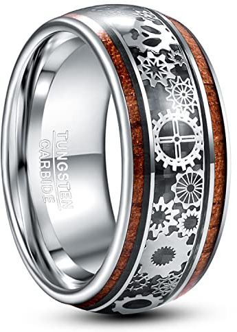 TUNGSTORY Ring Herren 10mm Wolframkarbid mit Holzmaserung und Steampunk-Zahnrad, Größe 54.4-72