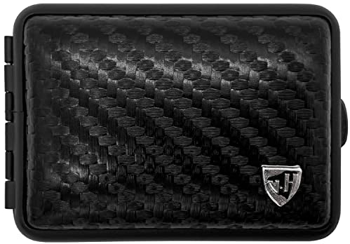 Pillendose Etui Echtleder, Handmade in Germany, mit Pillenbox Einsatz - klein und handlich, matt schwarzer Rahmen mit Echtleder Carbon mit Emblem, ideal für Tabletten, Tabak, Schnupftabak, Schmuck