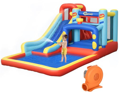 Outsunny Castillo Hinchable para Niños de 3-8 Años Castillo Inflable con Soplador Parque Acuático con Tobogán Trampolín Piscina Bolsa de Transporte 435x245x200 cm Multicolor