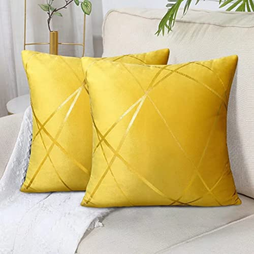 Samt Kissenbezug 50 x 50 cm Groß Gelb Goldene Linien Geometrie Dekokissen Kissenhülle Sofakissen Couchkissen Dekorative Kissen Kissenbezüge Zierkissen Bezug für Schlafzimmer Sofa Bett 2er Set