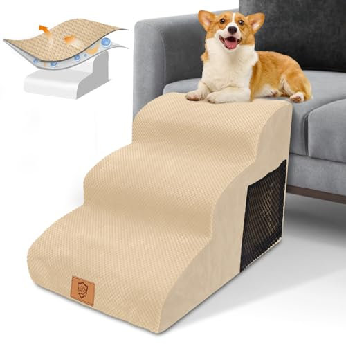 Thihome Hundetreppe für Kleine Hunde, Hundetreppe 40cm Hoch aus Hochdichtem Schwamm, 3 Stufen Hunde Treppe Haustiertreppe für Bett und Sofa mit Waschbarem Bezug und Rutschfestem Boden, 60x40x40cm