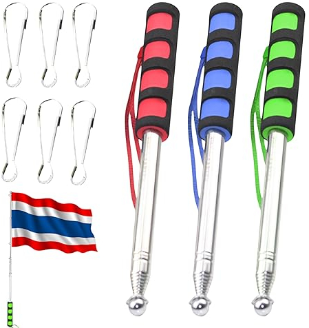 3PCS Mât Télescopique Drapeau, 2 M Porte Drapeau Bâtons Inoxydable, Portable Mât de Drapeau Télescopique avec Poignée en éponge, pour Guides Touristiques Camping Marcheurs Enseignant Pointeur