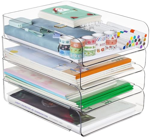 Greentainer 4-Stöckige Ablagekorb für A4, Dokumentenablage aus PET Kunststoff, Stapelbare Schreibtisch Organizer Briefkorb, Briefablage,A4-Papierablage für Zuhause,Büro,Schule(4pcs Transparent)