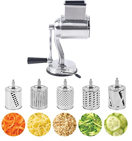 Râpe Rotative Manuelle 5-en-1 en Acier Inoxydable 430 – Sécurité Maximale avec Base à Ventouse TPR Robuste – Idéale pour Râper Légumes, Fromage– Lames Amovibles et Faciles à Nettoyer