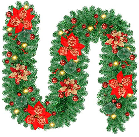 Ghirlanda Natalizia, 2.7M/9 FT Decorazioni Natalizie con Luci LED, Ghirlanda Natale Decorazioni Artificiale per Porta, Camini,Scale, Centrotavola Natalizio, Addobbi Natalizi Per La Casa
