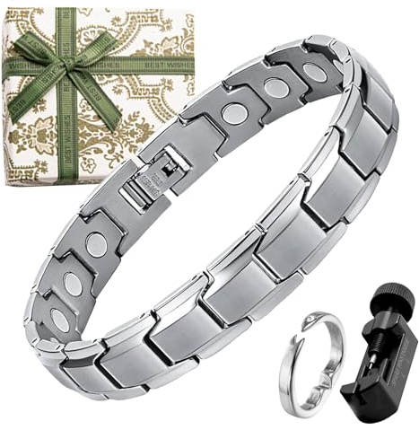 DGUSO Bracciale Magnetico Uomo 1 Pezzo,Anello 1 Pezzo,Bracciale Magnetico Bracciale Uomo Acciaio al Titanio Gioielli Magnetici con Regolatore del Braccialetto e Confezione Regalo (Argento) (HCXLWM5)