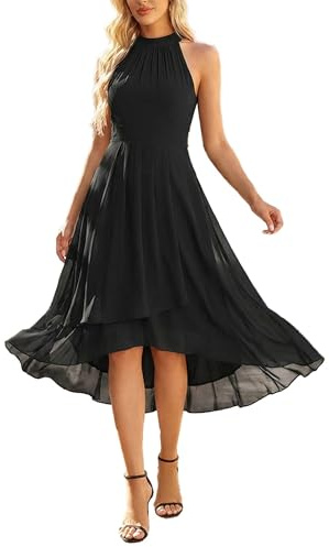 Ever-Pretty Women's Sexy Halter Neck Pleated Sleeveless Hi-Lo Chiffon Spring Wedding Guest Dress Cocktail Dresses Black US10