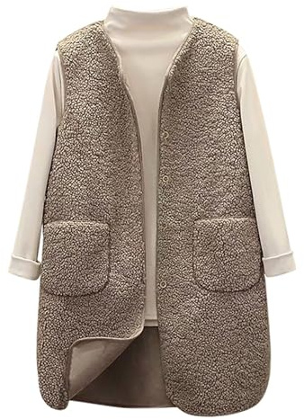 Générique Long Gilet Sans Manches Femme Polaire Doudoune Sans Manches Fourrure Veste Laine Couleur Unie Blouson Mode Bouton Matelassée Manteaux Sans Manches avec Poches Gilet Chaud Femme