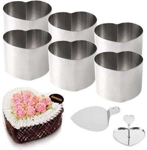 DASIAUTOEM 8 Stück Dessertringe und Speiseringe, Edelstahl Herz Servierringe mit Presse und Heber Tortenring Klein Geeignet für Hausgemacht Dessert Gebäck Mousse Kuchenbacken