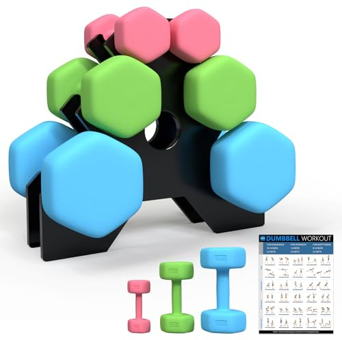 DICAO Dumbbells Set Women Men 12kg, Hex Weight Set with Stand & Fitness Poster, Slip&Sweat Resistant, for Home Gym Fitness Training(Pink 1kg/Green 2kg/Blue 3kg) (12kg Dumbbell with Workout Guide)