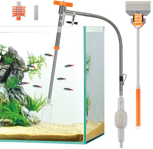 AQQA Aquarium Siphon Gravel Cleaner, Fish Tank Syphon Pump Kit, Extra 2-in-1 Algae Scraper Cleaning Brush, 1.1m Long Hose & Extendable Tubing, Manual Water Change, Sand Washing and Cleanse