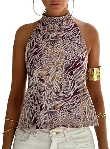 Top da donna Y2k Halter Top a collo alto senza schienale grafico Boho estivo per uscire, Marrone, S