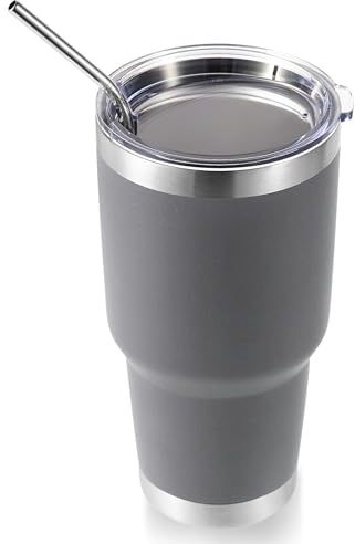 Volhoply 8,9 dl isolerad tumbler med lock och sugrör, dubbelväggig inre och yttre 304 rostfritt stål kaffekopp, resemugg återanvändbar termisk kopp för kalla och varma drycker (grå, 1-pack)