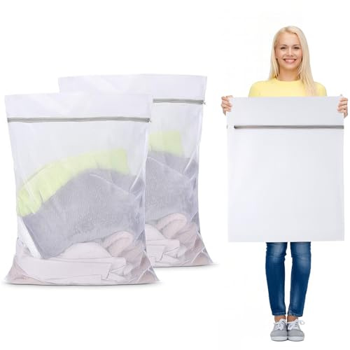 2 Pièces Filet à Linge Grande Taille 60 x 80cm Sac de Lavage en Polyester Résistant Filet de Lavage avec Fermeture Éclair pour Couvertures, Couettes, Rideaux, Draps et Manteaux (Blanc GrisâTre)