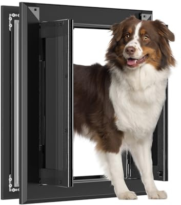 PATAPLUS Aluminum French Large Dog Door, Heavy-Duty with Strong Double Magnetic Flaps & Aluminum Telescoping Tunnel, for Large/Medium Dogs Up to 110LBS - Black