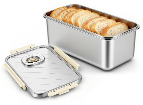 Esyhomi Bread Bin, Stainless Steel Bread Box with Lid, Time Recording Airtight Storage Container for Homemade, Toast, Bagel, Keep Fresh Food Storage Container for Kitchen Counter