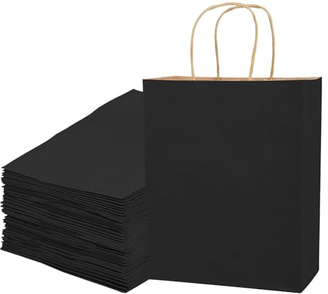 Lote de 50 Bolsas de papel kraft grandes con asas - bolsas para regalos - Bolsita Regalo para Empacar Bocadillos, Compra, Boda, Regalo Embalaje,Navidad, Fies - 21 x 11 x 27 cm (negro)