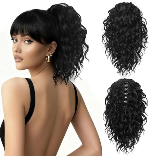 Coleta Rizada Postiza 30 cm Negra Corto Extensión de Pelo Natural Ondulado Afro con Pinza para Mujeres Postizo de Ponytail Estilo Rizado (Negra)