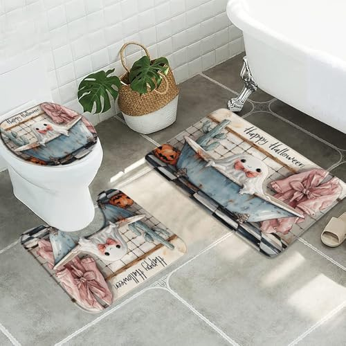 3 Piezas Juego De Alfombra De Baño Lazo Rosa En La Bañera, Halloween Espeluznante Juego De Alfombrillas De Baño Antideslizantes Absorbentes Alfombras De Cama, para Bathroom, Cocina, Dormitorio