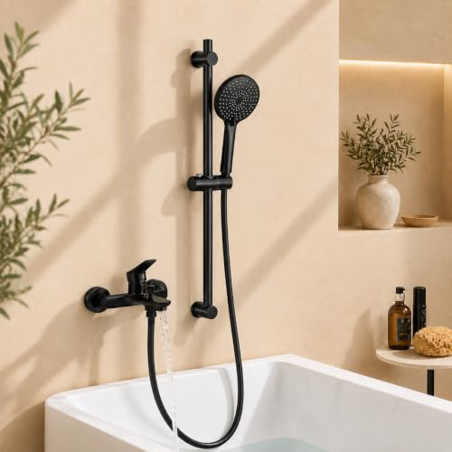 Auralum Badewannenarmatur Schwarz, Duschset mit 3-Funktionen Handbrause und 70cm Duschstange, Wannenarmatur aus Messing mit Wanneinlauf & 1,5m Duschschlauch, Duschsystem für Badewanne