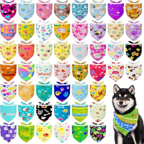 JpGdn 50PCS Dog Bandanas Bulk for Small Medium Dog with Paw Kerchief Triangle Bibs Head Scarves Scarfs Selvedge Sewing Stitching Edge Hemming Stitch Seam Grooming Costume