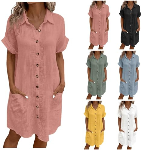 Générique Robe Chemise Lin Coton Femme Ete Chic Et Elegant Robe Femme Col V Manches Courtes Casuel Couleur Unie Robes Fluide avec Boutons Grande Taille Dress pour De Plage Vacances S-3XL