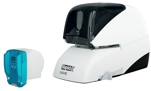 Rapid elektrisk platt häftapparat, 50 ark, plast, metall, elektronik, kassettbyte, inkl. en kassett med 5 000 häftklammer, 5050e, vit/svart, 20993212