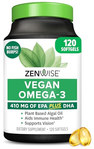 Zenwise Health Vegan Omega 3 Supplement - Burpless Omega 3 Supplement with DHA, EPA & DPA Fatty Acids for Immune Health - Fish Oil Alternative from Sustainably Sourced Marine Algae Oil - 120 Softgels
