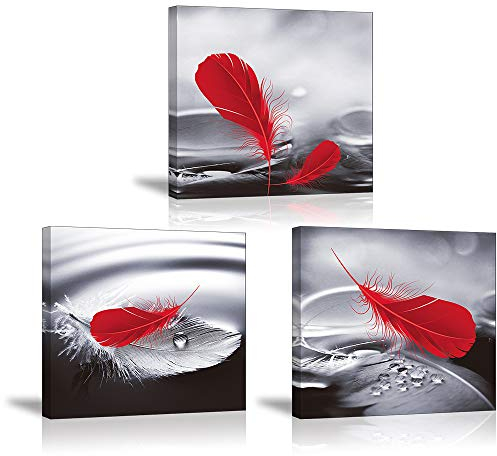 Piy Painting Cuadro sobre Lienzo, Plumas Rojas, Lienzo Giclée de Pared Art Imagen para Decoración, 3 Piezas Fotos Impresión Cuadro sobre Lienzo Regalo del Festival, 30x30cm