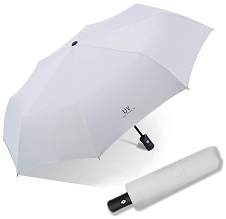 Maibar Sun Umbrella UV Protection SPF 50 Travel Folding Automatic Mini Umbrellas for Women Handbag Size Travel Parasol (Silver White)