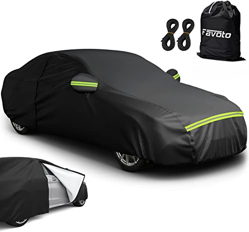 Favoto Sedan Car Cover Waterproof Breathable, Outdoor Full Car Cover Sun Rain Dust Snow All Weather Protection with Right Size Zipper, Universal Fit Sedan (177-194 Inches) Black Car Covers