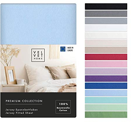 VelvetHome Spannbettlaken 200x200cm 100% gekämmte Baumwolle Made in EU Jersey Bettlaken 200x200 bis 25 cm Matratzenhöhe Spannbetttuch 200x200 Premium Qualität Schönen Farben Hell-blau 200 x 200