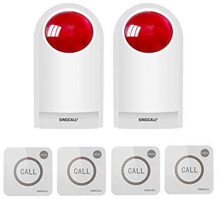 SINGCALL Kit d'alarme de Sirène Stroboscopique d'urgence à Distance/Système d'avertissement étanche/SOS pour Maison/Boutique/Hôtel/école 300 Pieds 2 Sirène Clignotante Rouge + 4 Boutons d'appel