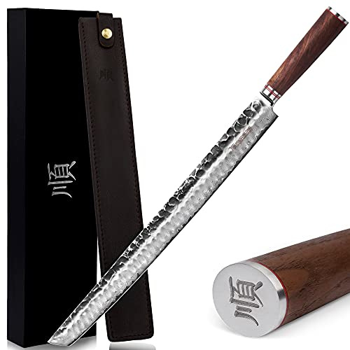 YOUSUNLONG Sakimaru 430 mm Ultimate Yanagiba Sujihiki Coltello - Adatto per Tagliare Grandi Salmone Maguro Tonno - Manico in Noce Naturale Con Fodero in Pelle, Confezione Regalo