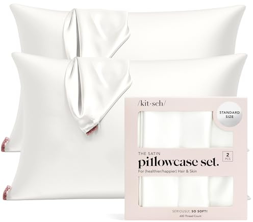 Kitsch 100% Satin Pillowcase with Zipper, Softer Than Silk Pillowcase for Hair & Skin, Cooling Pillow case, Satin Pillow Case Cover (Standard/Queen (2 Pack), Ivory)