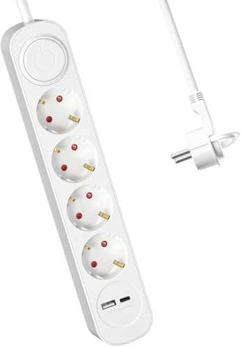 Steckdosenleiste mit USB & USB-C, RealMade 4 FachMehrfachsteckdose mit 1,5m verlängerungskabel flachstecker, 3680W Steckdose mit Schalter, Kindersicherung Steckdose für Büro Zuhause- Weiß
