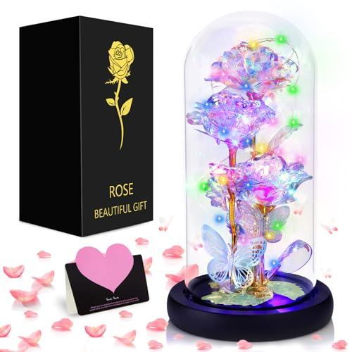 ZLPBAO Die Schöne und das Biest Ewige Regenbogen Rose Ewige Rose Glas Licht Künstliche Rose mit LED-Licht in Glaskuppel für Hochzeit, Valentinstag, Muttertag, Geburtstag, Geschenk für Frauen