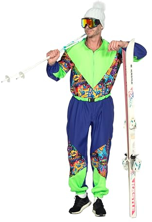 WILBERS & WILBERS 5495 - Retro Skianzug mit 80er Jahre Print für Herren, Skioverall, Schneeanzug, für Aprés Ski und Karneval, Blau-grün