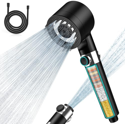 MEKO Hard Water Filter Shower Head with 15 Stage Filter, 3+1 Spray Jet Modes High Pressure Shower Head and 1.5m Hose, Handheld Massage Shower Filter for Residual Chlorine Remove (Black)