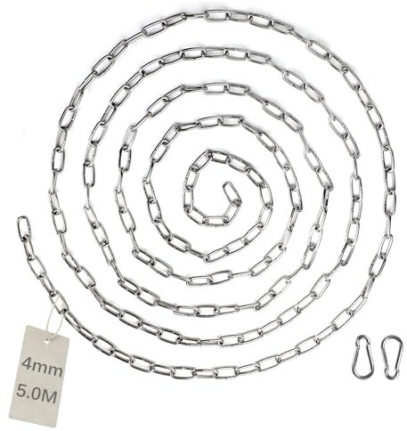 EXLECO 5M Edelstahlkette φ4mm Stahlkette Kette Gliederkette Absperrkette Zierkette mit 2 Karabinerhaken Metallkette zum Aufhängen Hundekette Ankerkette Rundgliederkette langgliedrig poliert