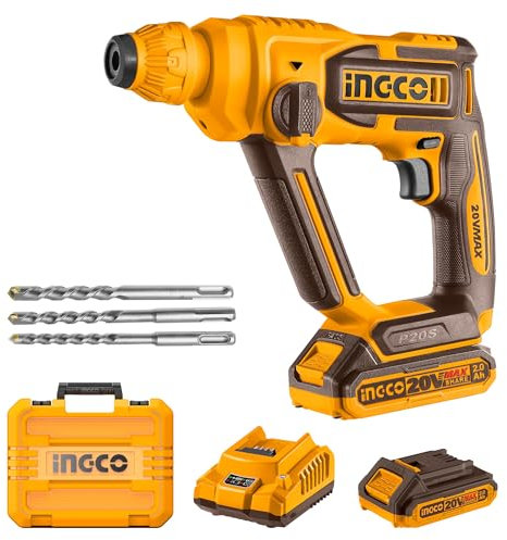 INGCO Marteau Perforateur Sans Fil 20V, Φ16MM Dans le Béton, 850 tr/min, Mandrin SDS Plus, Lampe de travail à LED avec 1 Batteries 2.0Ah et 1 Chargeur CRHLI201681